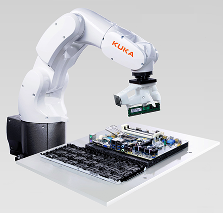 Figure 6. Compact industrial robots such as the KUKA Agilus KR 3 are designed with safety as a major  consideration and can safely share workspace and collaborate with human operators if industry standards are followed during setup. (Image source: Kuka Robotics)